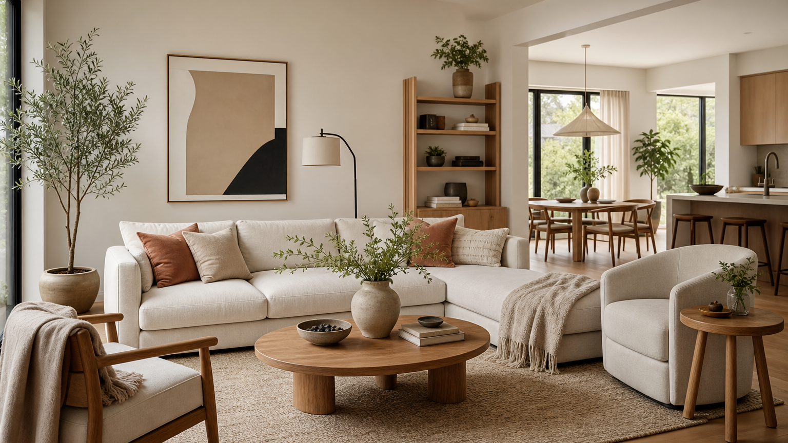 Calm modern room with practical furniture and decor