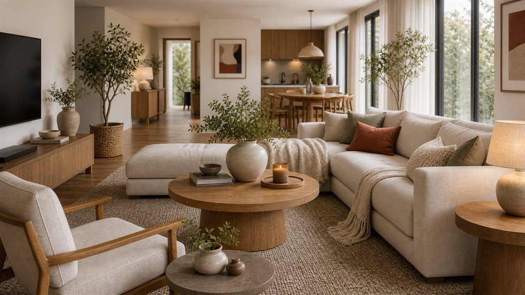 Warm neutral living room styled with layered decor accents