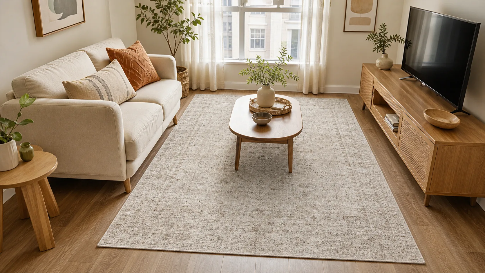 Washable patterned rug in a bright apartment living room