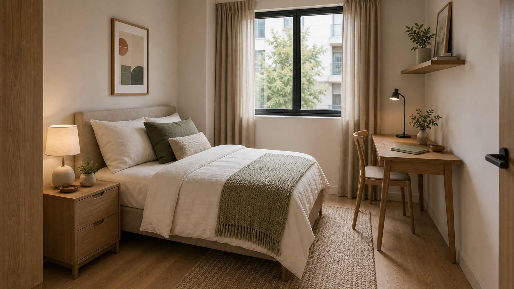 Small bedroom with a clear walkway, desk, and calm neutral layers