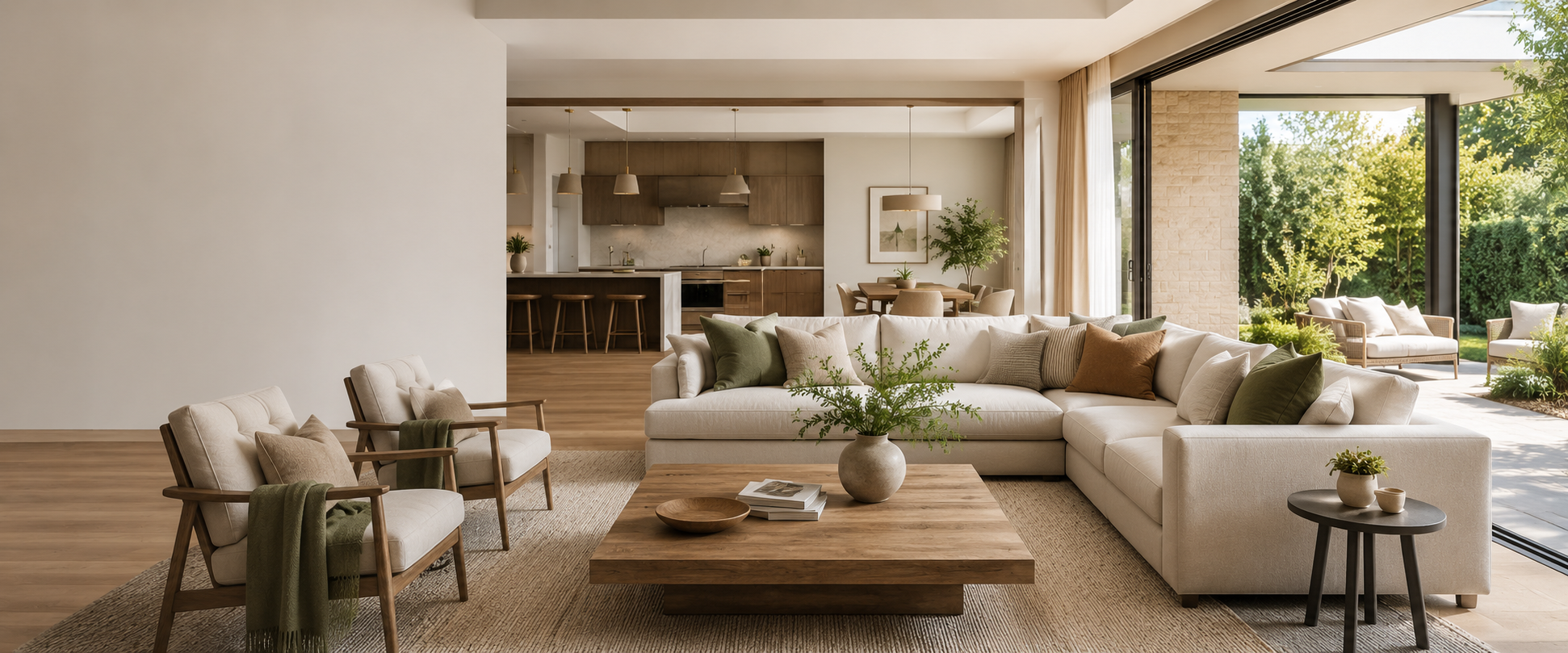 Warm open-plan living room with a quiet beige wall, natural light, and neutral furnishings